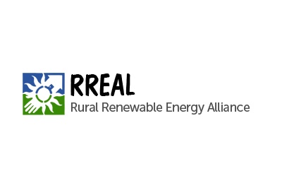 Blue, white and green logo depicting renewable energy symbols and RREAL