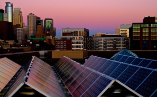 Solar panels overlooking Minneapolis skyline