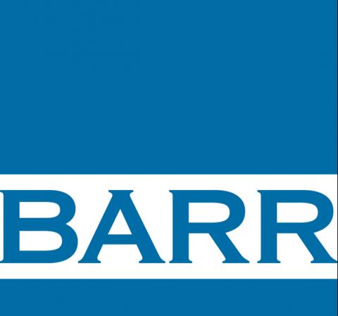 Blue box-shaped logo. White bar at bottom with blue letters B A R R